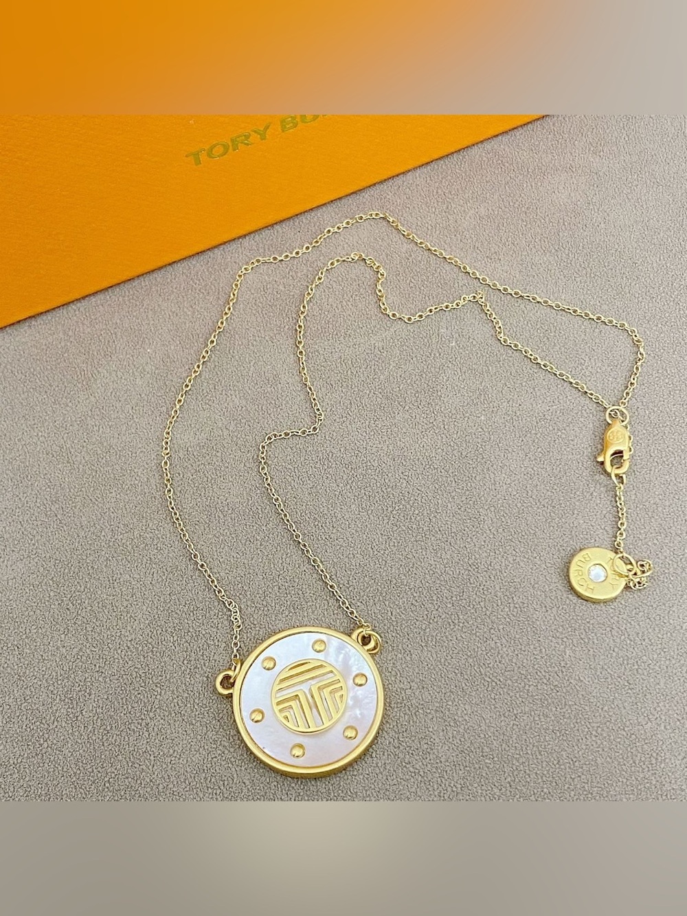 Tory Burch Gold and Mother-of-Pearl Logo Disc Necklace